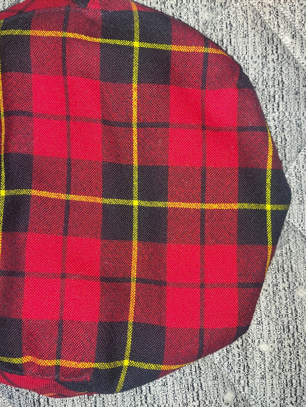 Red and Black Plaid Beret with Yellow Windowpane Accents